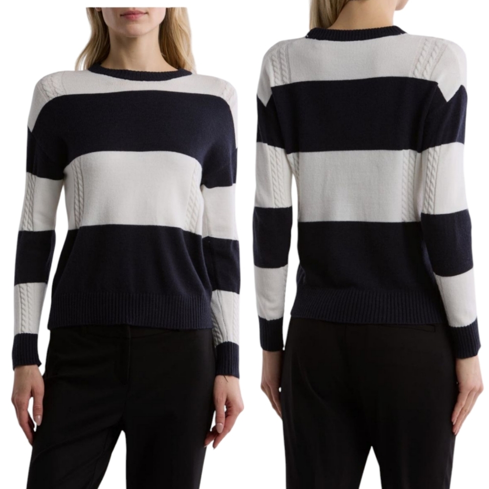 T Tahari Black and‎ White Stripe Crew Neck Sweater
